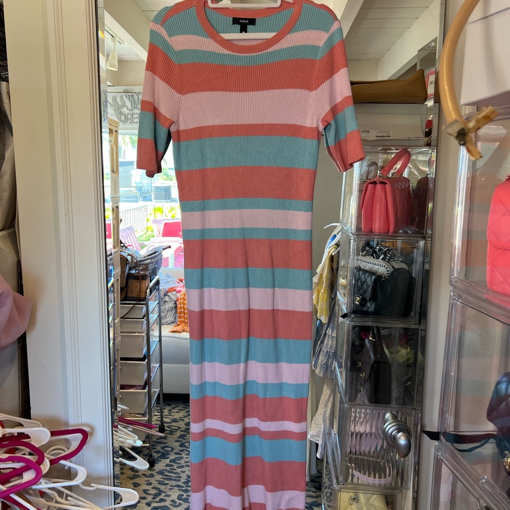 Aqua Pink and Gray Sheath Maxi Dress with Cuffed Sleeves